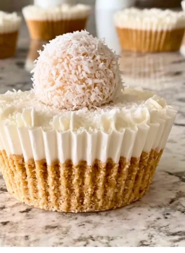 Delicious no-bake coconut cheesecake served on a white plate with coconut flakes