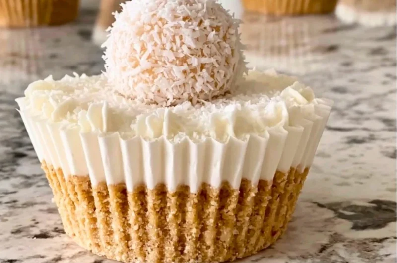 Delicious no-bake coconut cheesecake served on a white plate with coconut flakes