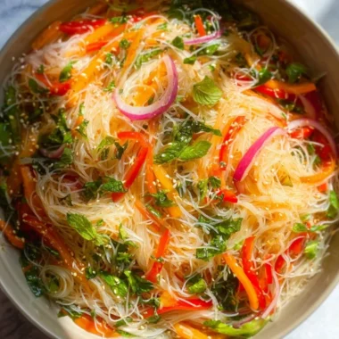 A vibrant no cook noodle salad in a bowl with colorful vegetables.