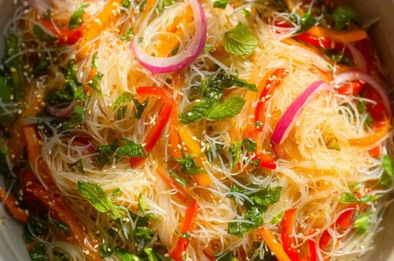 A vibrant no cook noodle salad in a bowl with colorful vegetables.
