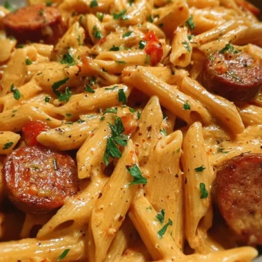 One-pot creamy spicy Cajun sausage pasta dish with colorful ingredients