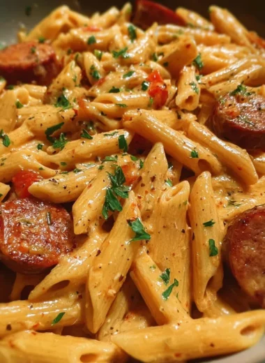 One-pot creamy spicy Cajun sausage pasta dish with colorful ingredients