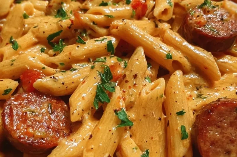 One-pot creamy spicy Cajun sausage pasta dish with colorful ingredients