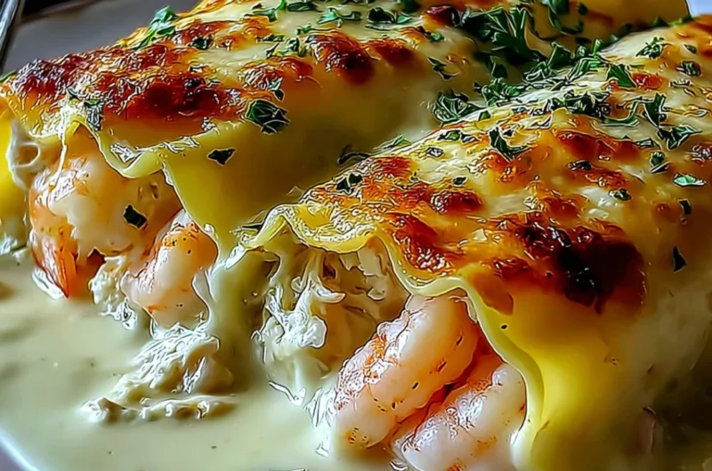 Delicious shrimp and crab Alfredo lasagna roll-ups on a plate