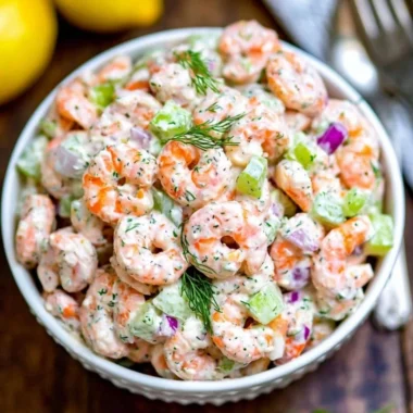 Delicious shrimp salad with fresh vegetables and dressing