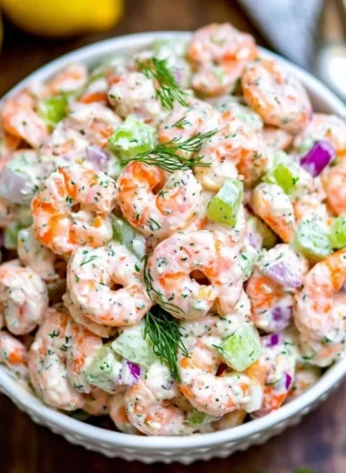 Delicious shrimp salad with fresh vegetables and dressing
