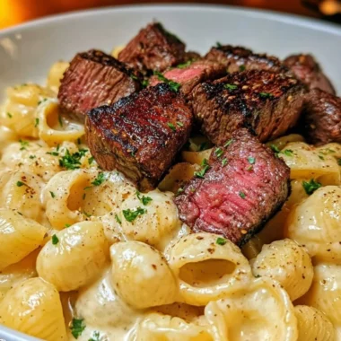 Steak bites served with shell pasta in garlic butter Alfredo sauce