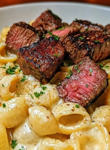 Steak bites served with shell pasta in garlic butter Alfredo sauce