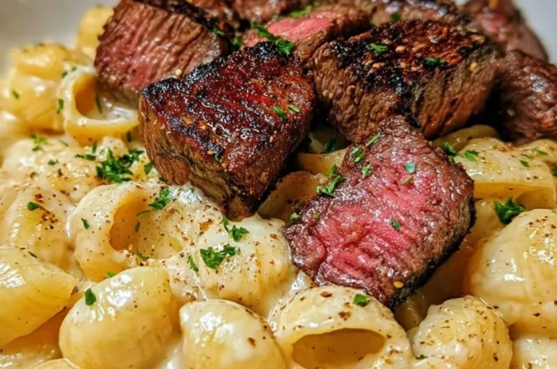 Steak bites served with shell pasta in garlic butter Alfredo sauce