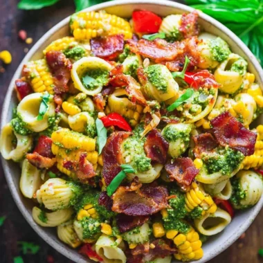 Bowl of Summer Pasta Salad with corn, bell pepper, bacon, and creamy pesto dressing