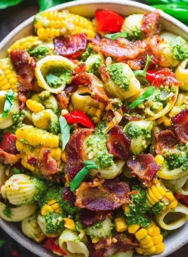 Bowl of Summer Pasta Salad with corn, bell pepper, bacon, and creamy pesto dressing