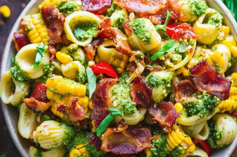 Bowl of Summer Pasta Salad with corn, bell pepper, bacon, and creamy pesto dressing