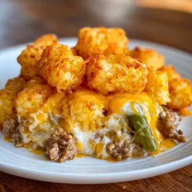 Delicious tater tot casserole topped with ground beef and cheese on a plate