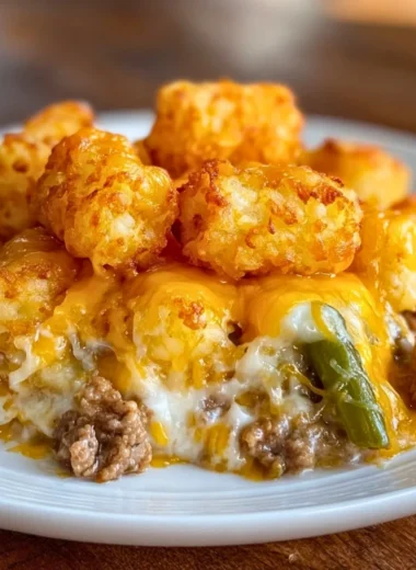Delicious tater tot casserole topped with ground beef and cheese on a plate