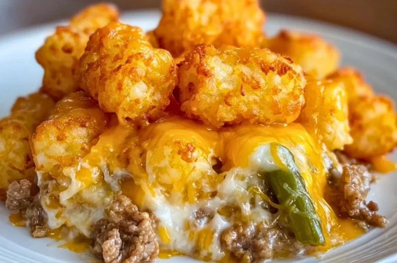 Delicious tater tot casserole topped with ground beef and cheese on a plate