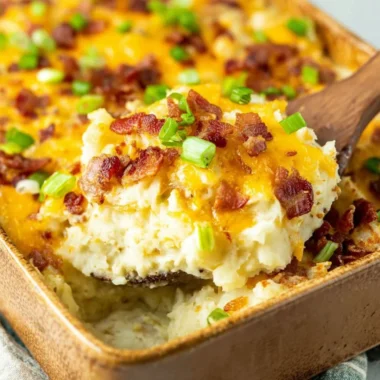 Twice baked potato casserole topped with cheese and chives in a baking dish