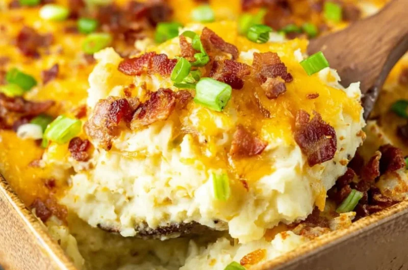 Twice baked potato casserole topped with cheese and chives in a baking dish