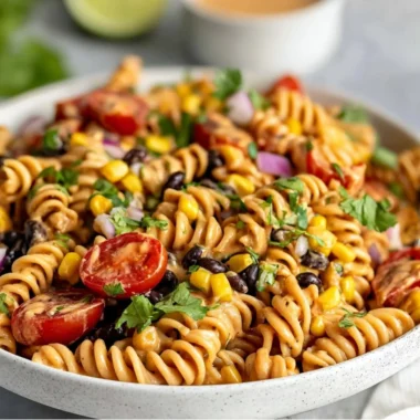 Vegan Southwest Pasta Salad with colorful vegetables and pasta