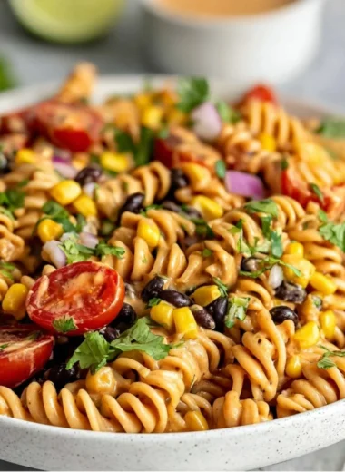 Vegan Southwest Pasta Salad with colorful vegetables and pasta