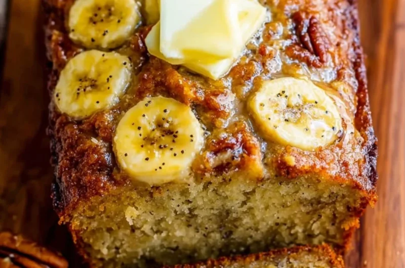 Delicious slice of the world's best banana bread on a rustic table