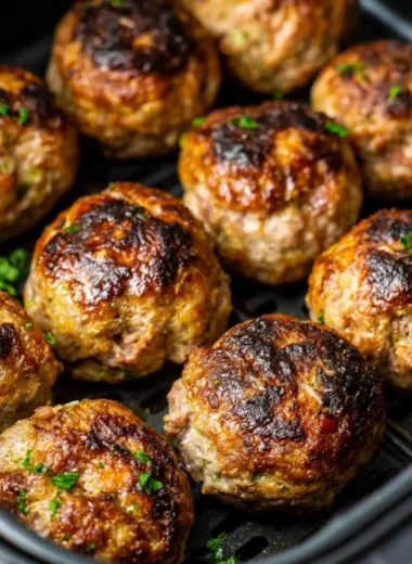Crispy air fryer meatballs served with dipping sauce on a plate