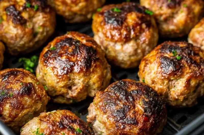 Crispy air fryer meatballs served with dipping sauce on a plate