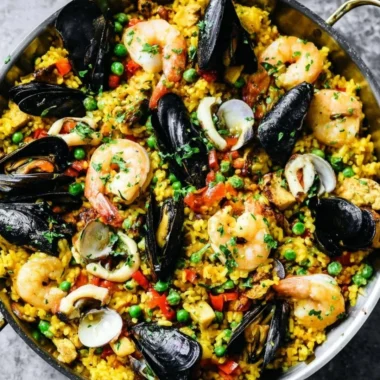 Delicious authentic paella with seafood and vegetables served in a traditional pan