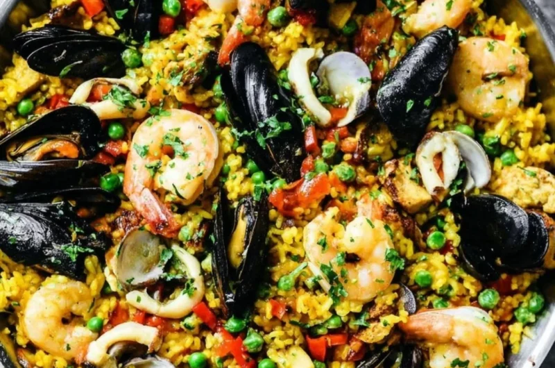 Delicious authentic paella with seafood and vegetables served in a traditional pan