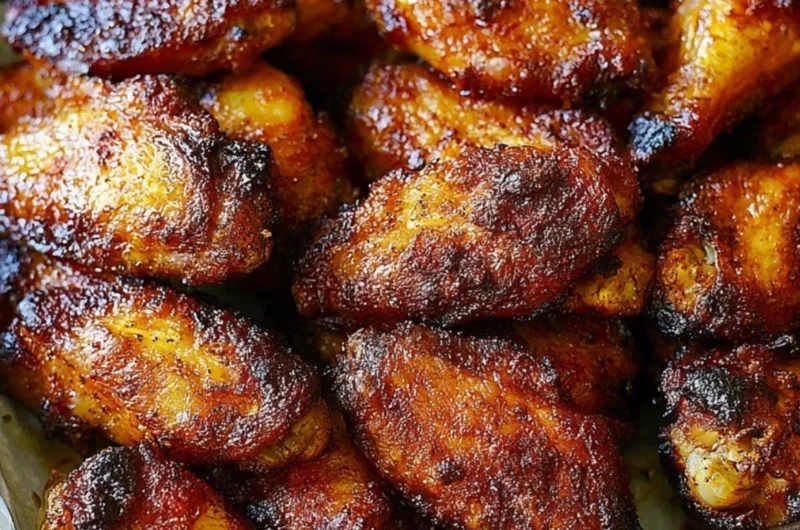 Plate of crispy baked chicken wings with sauces