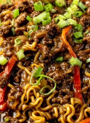 Beef ramen noodles stir fry with vegetables in a bowl