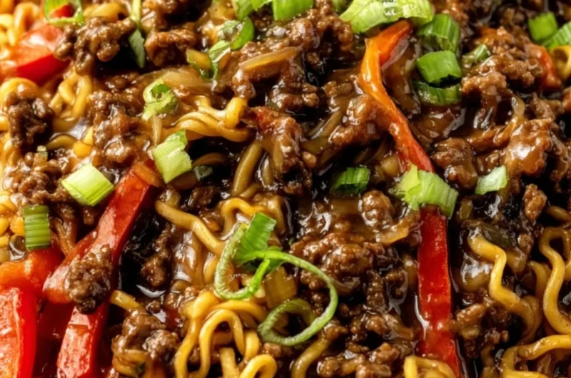 Beef ramen noodles stir fry with vegetables in a bowl