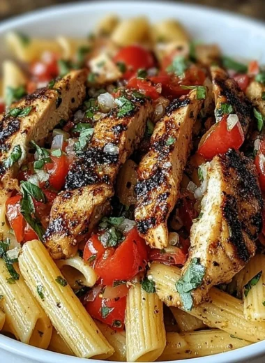 Plate of Bruschetta Chicken Pasta garnished with basil and tomatoes.