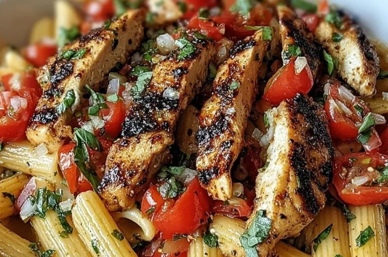 Plate of Bruschetta Chicken Pasta garnished with basil and tomatoes.