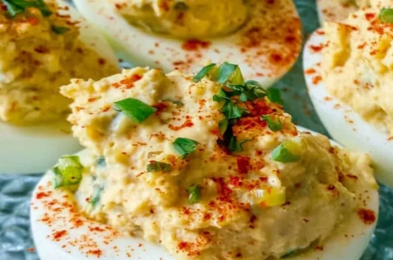 Plate of Cajun Deviled Eggs garnished with spices and herbs