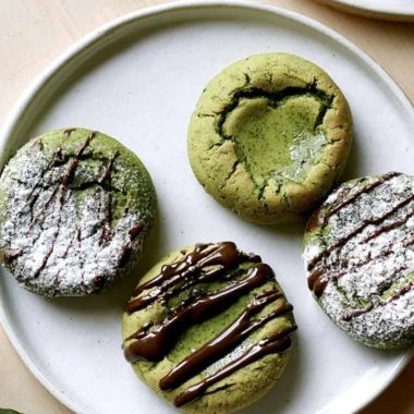 Chewy matcha mochi bites displayed on a plate with green tea leaves.