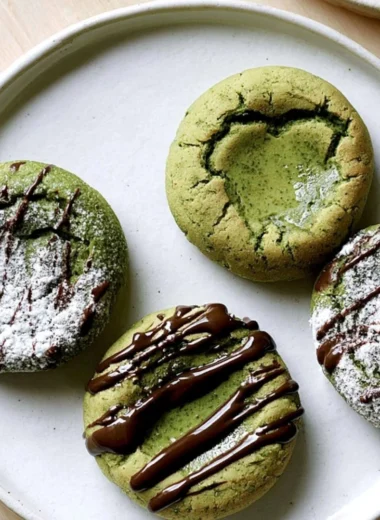 Chewy matcha mochi bites displayed on a plate with green tea leaves.