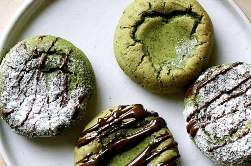 Chewy matcha mochi bites displayed on a plate with green tea leaves.