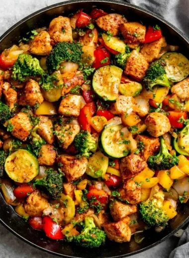 Chicken and Vegetables Skillet dish cooked in a frying pan