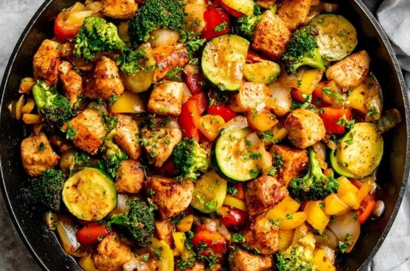 Chicken and Vegetables Skillet dish cooked in a frying pan