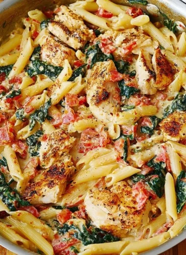 Delicious chicken bacon dish with spinach and tomatoes in garlic cream sauce