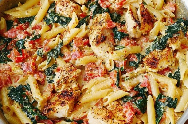 Delicious chicken bacon dish with spinach and tomatoes in garlic cream sauce