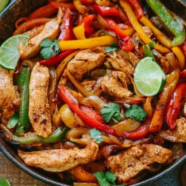 Sizzling Chicken Fajitas with peppers and onions served in a skillet