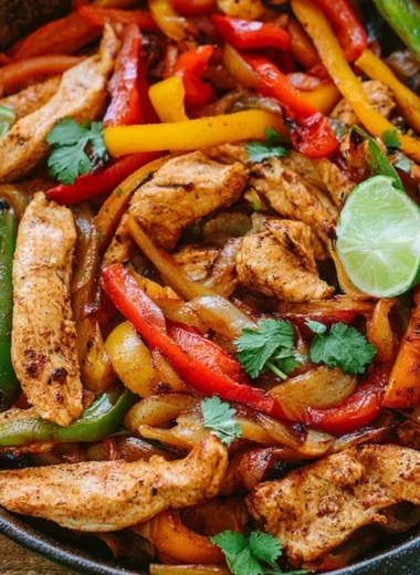 Sizzling Chicken Fajitas with peppers and onions served in a skillet