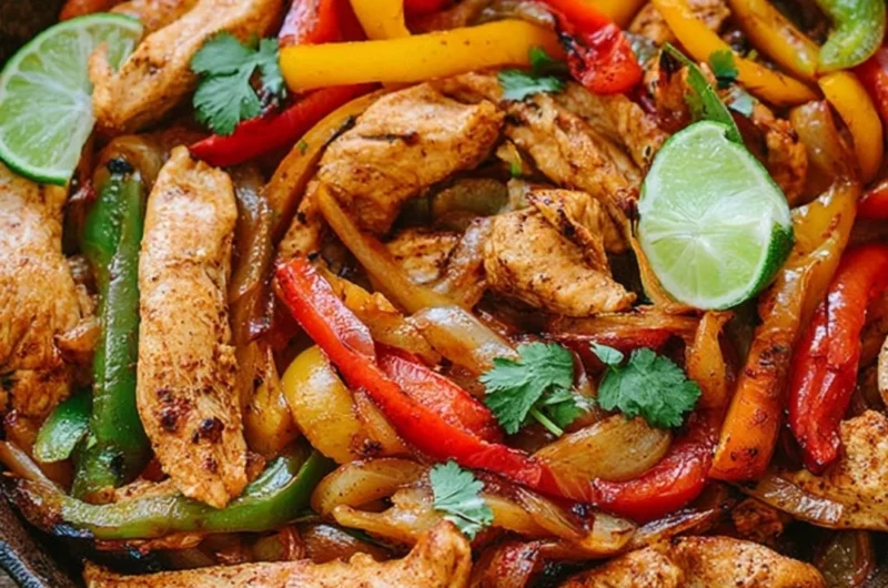 Sizzling Chicken Fajitas with peppers and onions served in a skillet