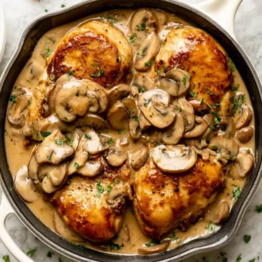 Delicious Chicken Marsala with mushrooms and Marsala wine sauce on a plate