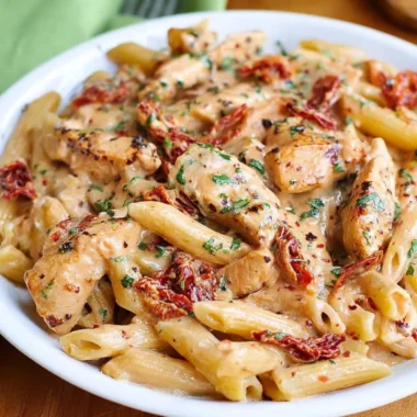 Delicious Chicken Sun-Dried Tomato Pasta with creamy Mozzarella Sauce served on a plate