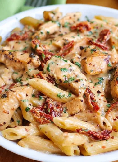 Delicious Chicken Sun-Dried Tomato Pasta with creamy Mozzarella Sauce served on a plate