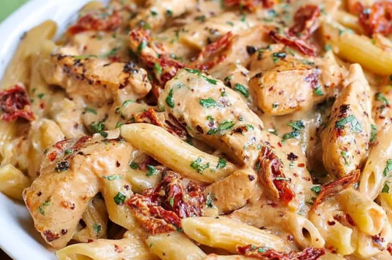 Delicious Chicken Sun-Dried Tomato Pasta with creamy Mozzarella Sauce served on a plate