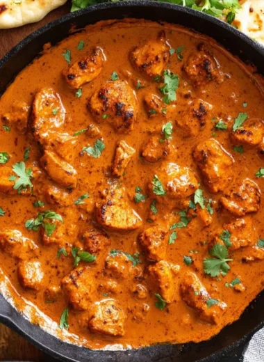 Delicious Chicken Tikka Masala served with rice and naan