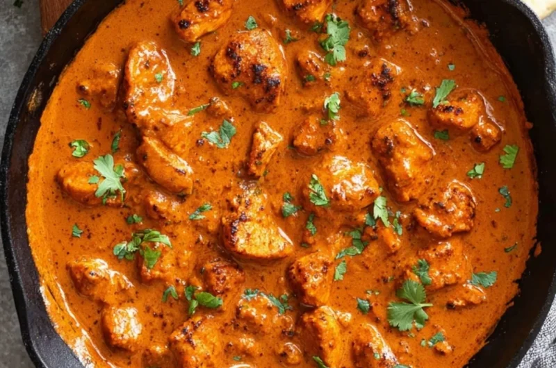 Delicious Chicken Tikka Masala served with rice and naan